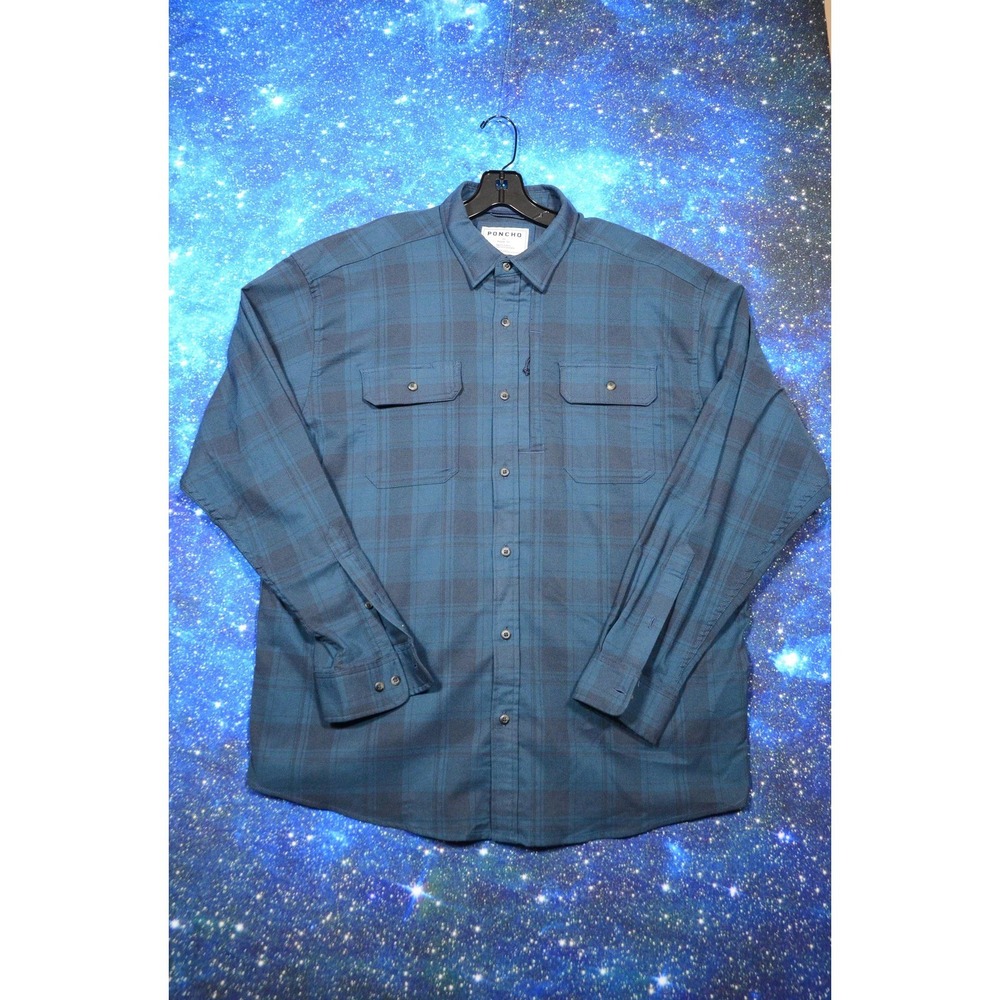 Poncho Shirt Mens‎ XL Blue Plaid Long Sleeve Button Up Magnetic Pockets